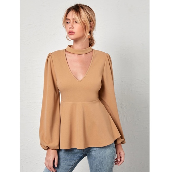 Rouge! Tops - V-Neck Cut Out Peplum Long Sleeve Top